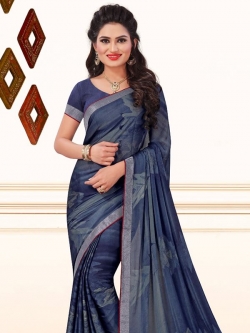 Blue And Grey Crepe, Chiffon Printed, Lace Border Regular Sarees