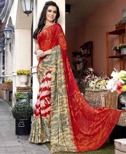 Orange Georgette Printed Half And Half Sarees