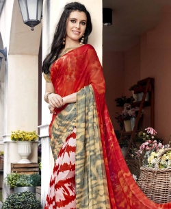 Orange Georgette Printed Half And Half Sarees