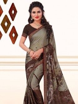 Brown Crepe, Chiffon Printed, Lace Border Regular Sarees