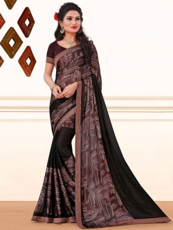 Brown Crepe, Chiffon Printed, Lace Border Regular Sarees