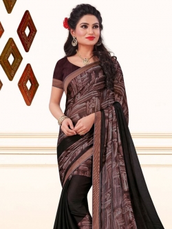 Brown Crepe, Chiffon Printed, Lace Border Regular Sarees