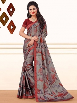 Grey Crepe, Chiffon Printed, Lace Border Regular Sarees
