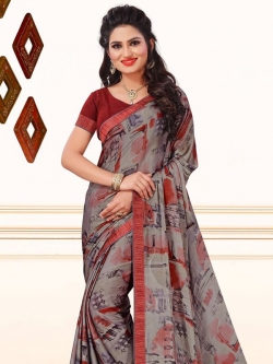 Grey Crepe, Chiffon Printed, Lace Border Regular Sarees