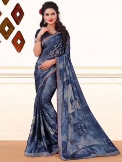 Blue Crepe, Chiffon Printed, Lace Border Regular Sarees
