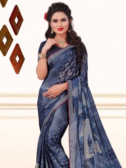 Blue Crepe, Chiffon Printed, Lace Border Regular Sarees