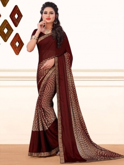 Brown Crepe, Chiffon Printed, Lace Border Regular Sarees
