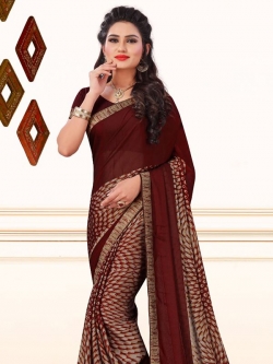 Brown Crepe, Chiffon Printed, Lace Border Regular Sarees
