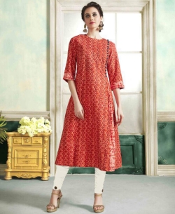 Orange Rayon Printed Anarkali Kurtis