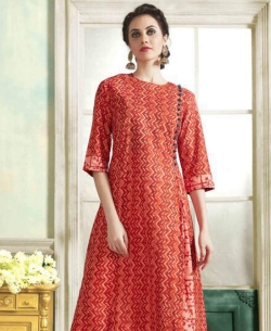 Orange Rayon Printed Anarkali Kurtis