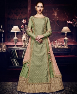 Pista Green Georgette Embroidery Long Choli Lehengas