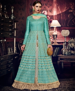 Rama Green Silk Embroidery Long Choli Lehengas
