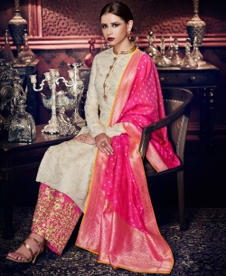 Off White Silk Printed Palazzo Suits