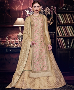 Chickoo Silk Embroidery Long Choli Lehengas