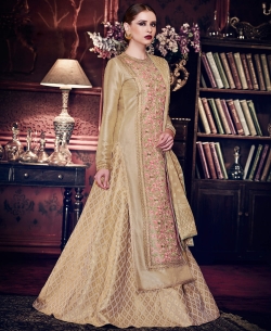 Chickoo Silk Embroidery Long Choli Lehengas