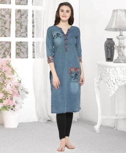 Blue Denim Plain Straight Cut Kurtis