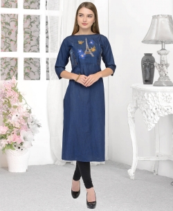 Navy Blue & White Denim Plain Anarkali Kurtis