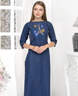 Navy Blue & White Denim Plain Anarkali Kurtis