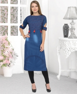 Denim Blue Denim Plain Straight Cut Kurtis