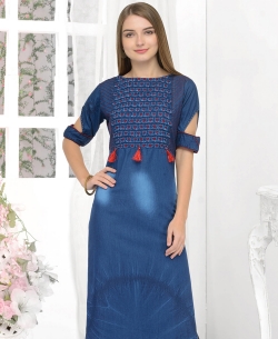 Denim Blue Denim Plain Straight Cut Kurtis