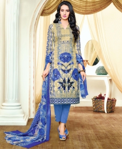 Beige And Blue Satin Cotton Printed, Stone Work Straight Pant Suits
