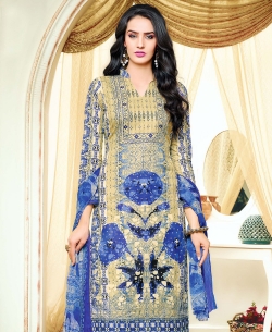 Beige And Blue Satin Cotton Printed, Stone Work Straight Pant Suits