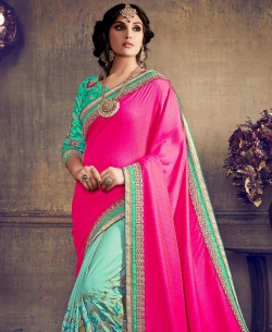 Royal Pink Khadi Silk Embroidery Half And Half Sarees