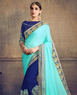 Turquoise  Moss Chiffon Embroidery Half And Half Sarees