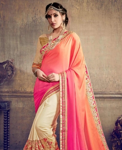 Orange Georgette Embroidery Half And Half Sarees