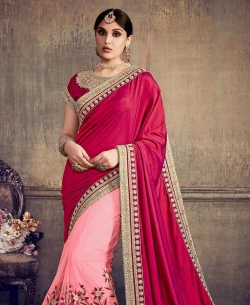 Maroon Barfi Silk Embroidery Half And Half Sarees