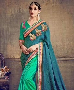 Green Jacquard Embroidery Half And Half Sarees
