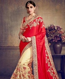 Red Barfi Silk Embroidery Half And Half Sarees