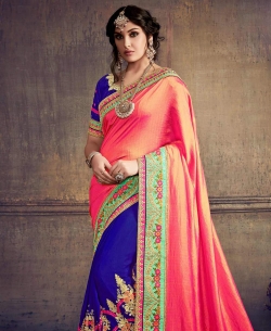 Orange Stub Silk Embroidery Half And Half Sarees