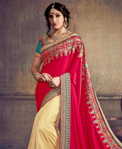 Red Barfi Silk Embroidery Half And Half Sarees