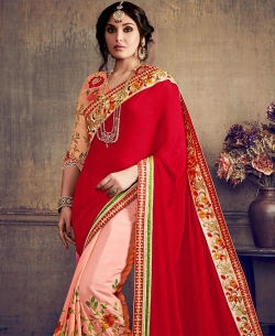 Red Pure Chinnon Embroidery Half And Half Sarees