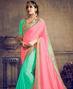 Pink Pure Chinnon Embroidery Half And Half Sarees