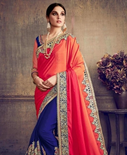 Orange Chinnon Embroidery Half And Half Sarees