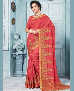 Dark Peach Art Silk Floral Design Cotton Sarees