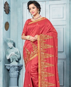 Dark Peach Art Silk Floral Design Cotton Sarees