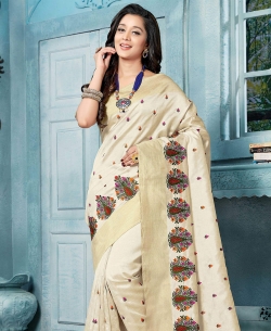 Off White Art Silk Floral Design Cotton Sarees