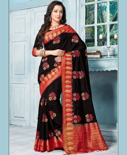 Black Art Silk Floral Design Cotton Sarees