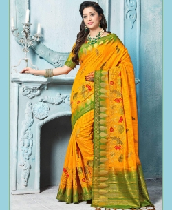 Yellow Art Silk Floral Design Cotton Sarees