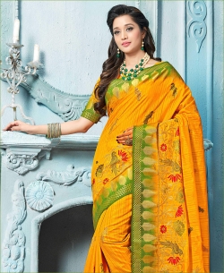 Yellow Art Silk Floral Design Cotton Sarees
