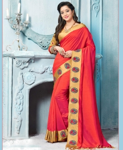 Pink Art Silk Border Work Cotton Sarees