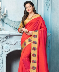 Pink Art Silk Border Work Cotton Sarees