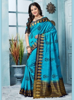 Blue Art Silk Border Work Cotton Sarees