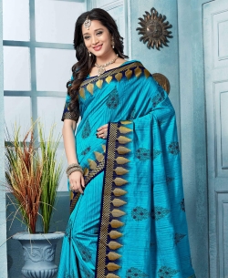 Blue Art Silk Border Work Cotton Sarees