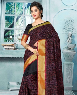 Black Art Silk Printed Cotton Sarees