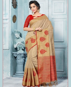Beige Art Silk Floral Design Cotton Sarees