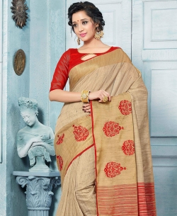 Beige Art Silk Floral Design Cotton Sarees
